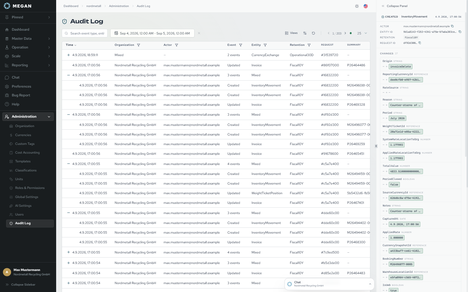 Recorded changes in the MEGAN audit log