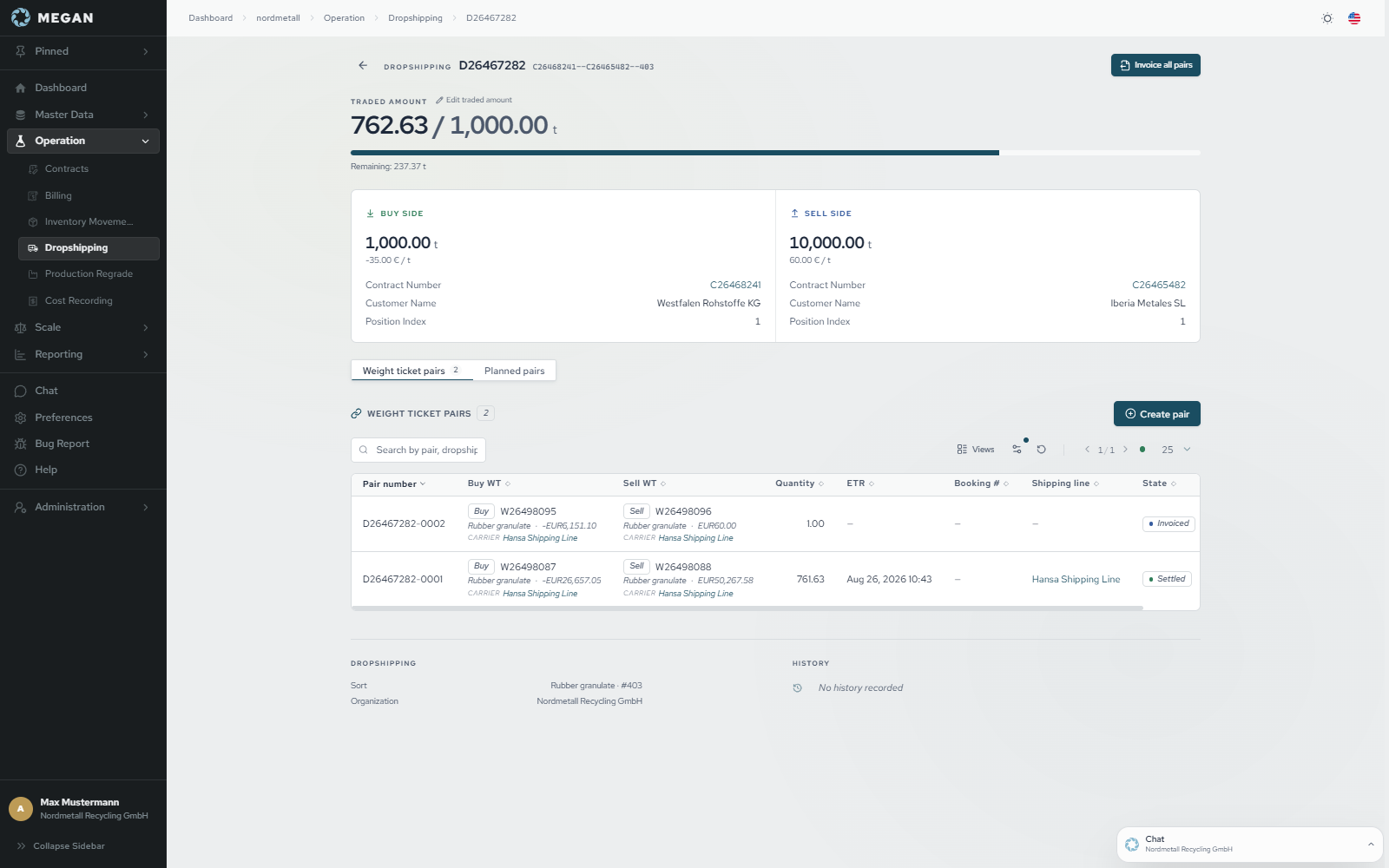 Shipment in MEGAN with the parties, codes and quantities an Annex VII is built from