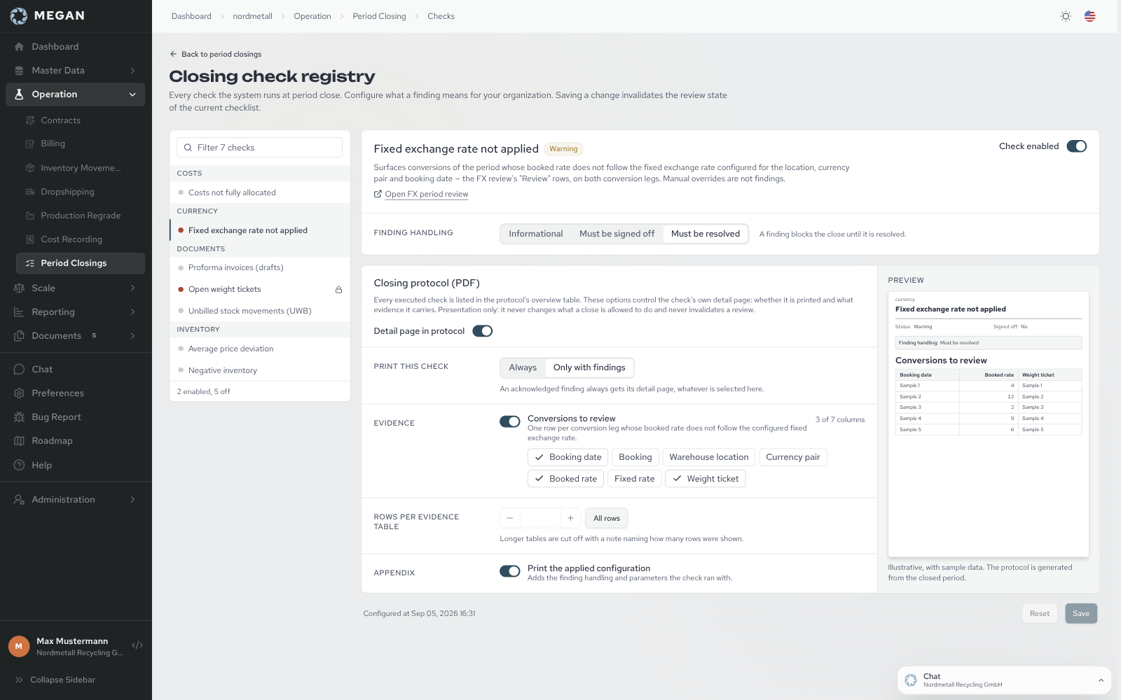 MEGAN closing-check registry with the fixed exchange rate check, finding handling and a closing-protocol preview